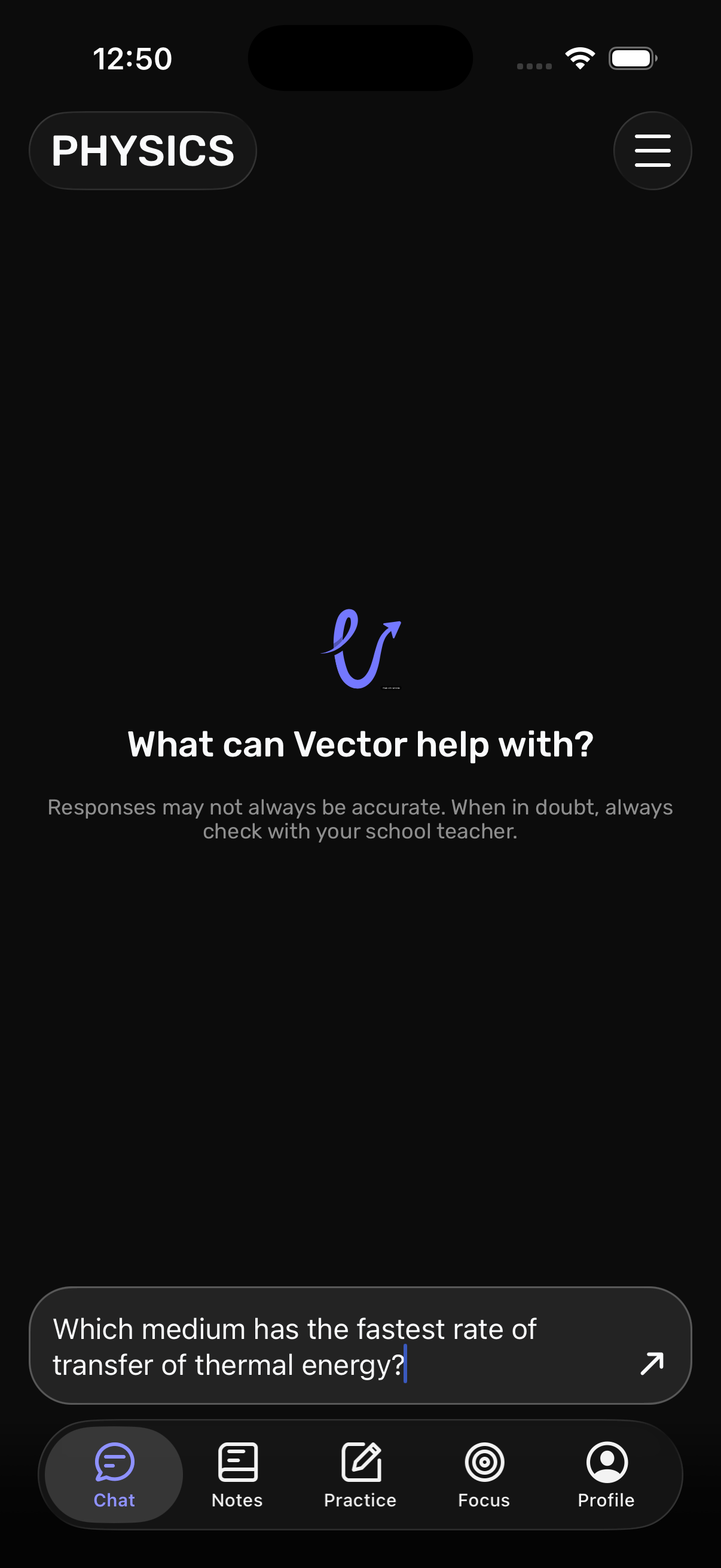 Vector AI question screen on iOS